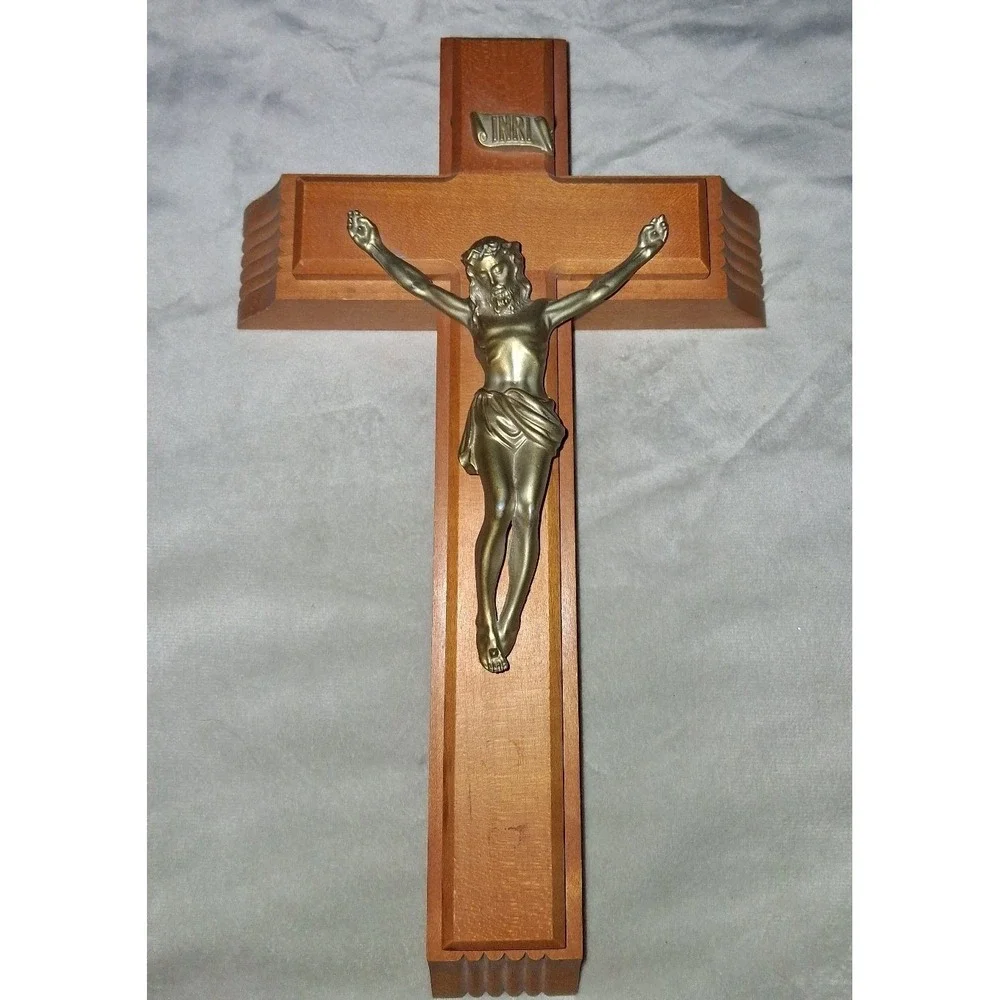 Vintage Catholic Sick Call Crucifix Set Wood Cross Holy Water Bottle Candles